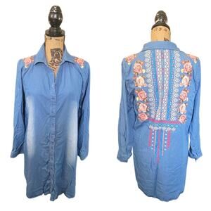 Small Andre By Unit Chambray Denim Floral Embroidered Blue Shirt Dress